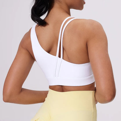 QINACTIVE Women's Sports Bra with Asymmetrical Shoulder Straps Yoga Top Removable Pads Beautiful Back Fitness Outfit Yoga Bra