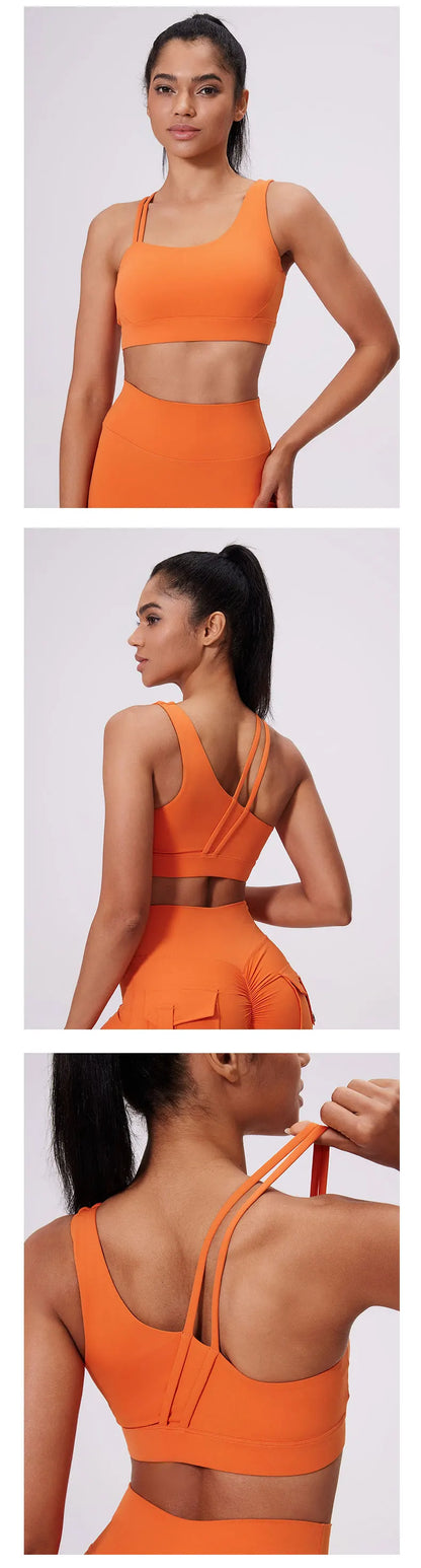 QINACTIVE Women's Sports Bra with Asymmetrical Shoulder Straps Yoga Top Removable Pads Beautiful Back Fitness Outfit Yoga Bra