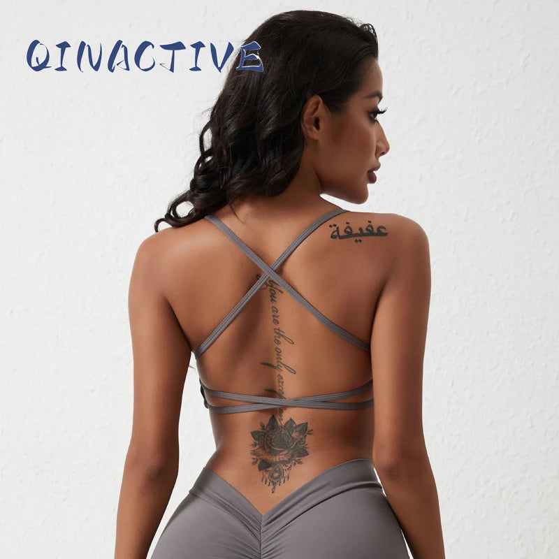 QINACTIVE Solid Low Impact Fitness Yoga Bra Crop Tank Top Women Sexy Back Cross Padded Sports Bra Workout Tops Plus Size