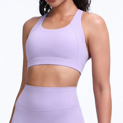 QINACTIVE Wide shoulder strap cross back sports bra, tight yoga vest, shock-absorbing Pilates running outdoor bra