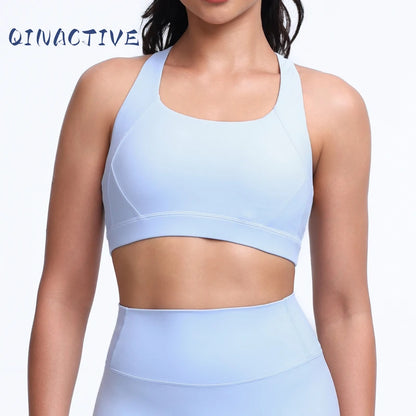 QINACTIVE Wide shoulder strap cross back sports bra, tight yoga vest, shock-absorbing Pilates running outdoor bra