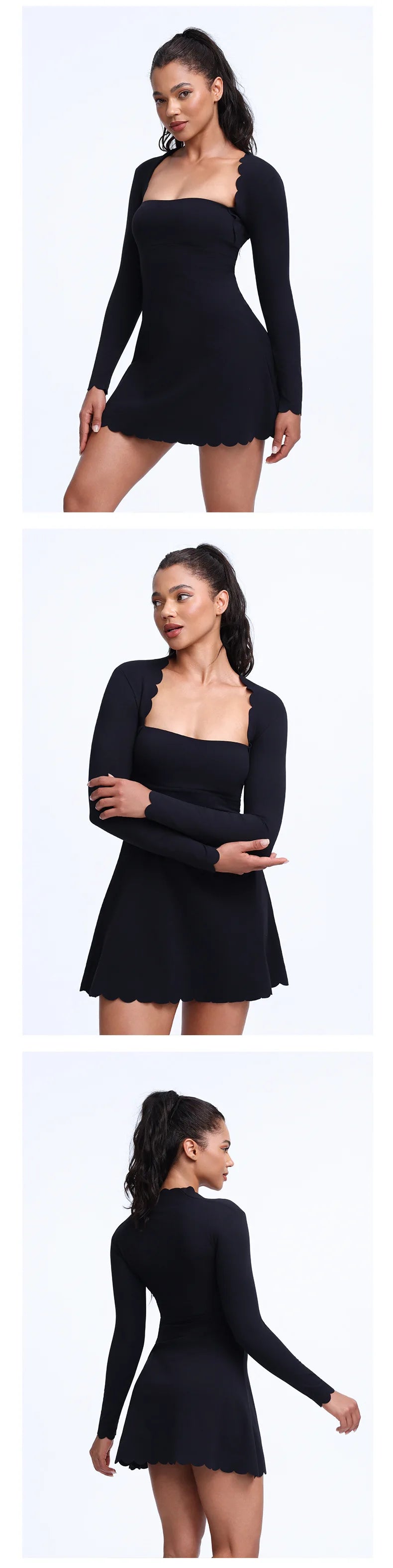 QINACTIVE Women's Shell Lace Long Sleeved Wavy Lace Golf Tennis Skirt Breathable Quick Drying Yoga One-Piece Jumpsuit