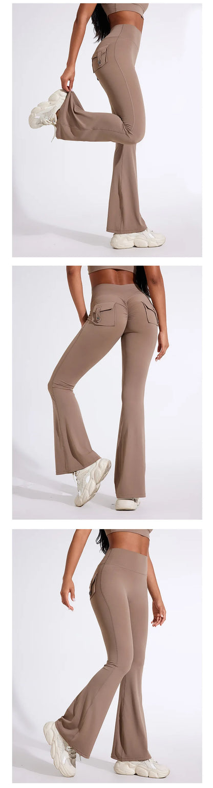 QINACTIVE Fashion Back Pocket  Flared Pants Women Tight-Fit Sexy Slim High Waist Pants Push Up Sport Fitness Flare Leggings