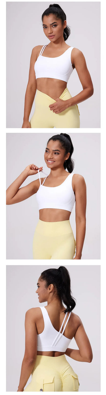 QINACTIVE Women's Sports Bra with Asymmetrical Shoulder Straps Yoga Top Removable Pads Beautiful Back Fitness Outfit Yoga Bra