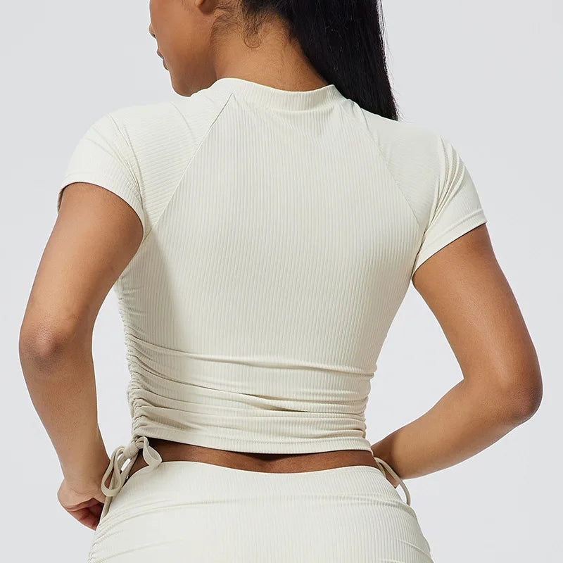 QINACTIVE Ribbed yoga short sleeved drawstring pleated yoga suit sports and fitness top women's tight yoga top