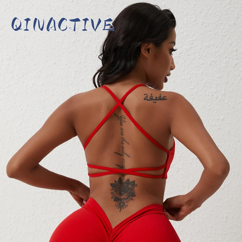 QINACTIVE Solid Low Impact Fitness Yoga Bra Crop Tank Top Women Sexy Back Cross Padded Sports Bra Workout Tops Plus Size