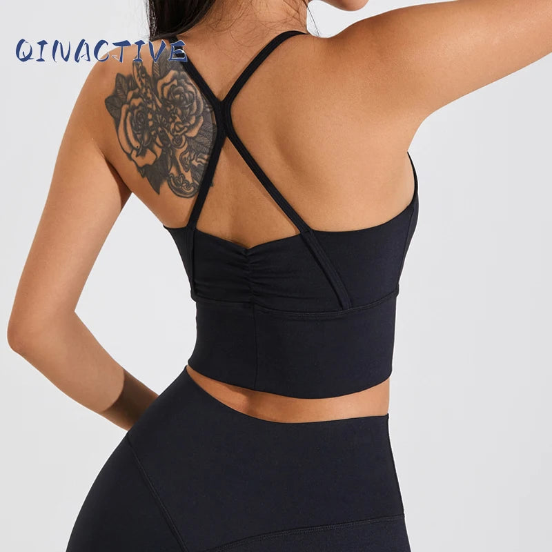 QINACTIVE New Women's pleated sports bra yoga bra shock-absorbing and beautiful back quick drying running fitness top