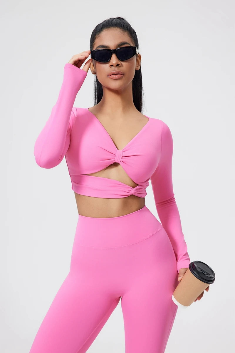 QINACTIVE Women's Nylon Top Yoga long sleeved T-shirt detachable chest cushion tight pleated sports top waist tight yoga top