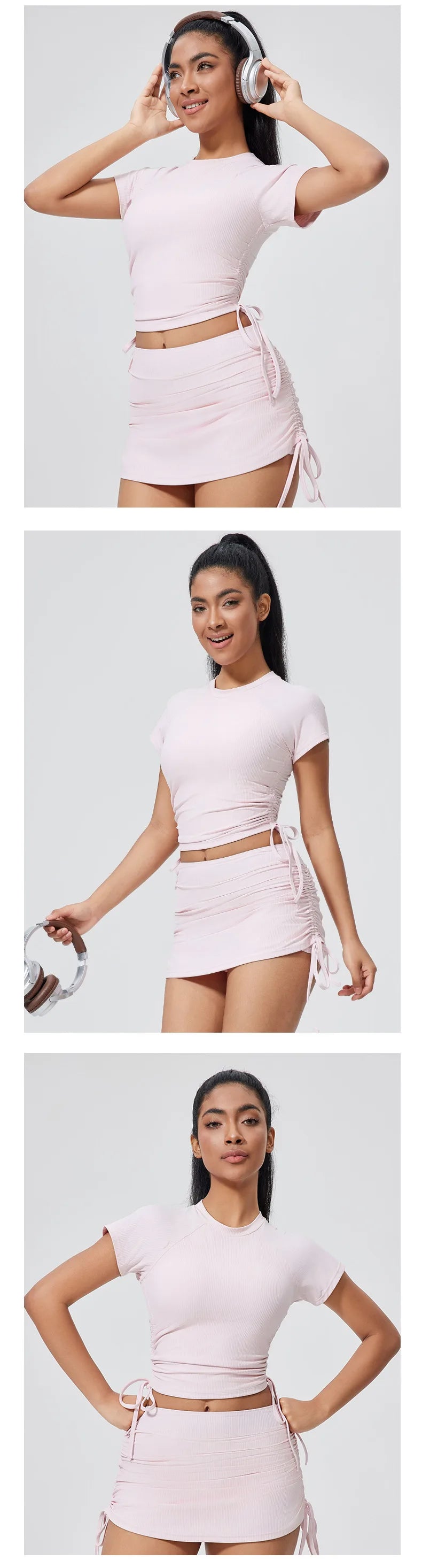 QINACTIVE Ribbed yoga short sleeved drawstring pleated yoga suit sports and fitness top women's tight yoga top