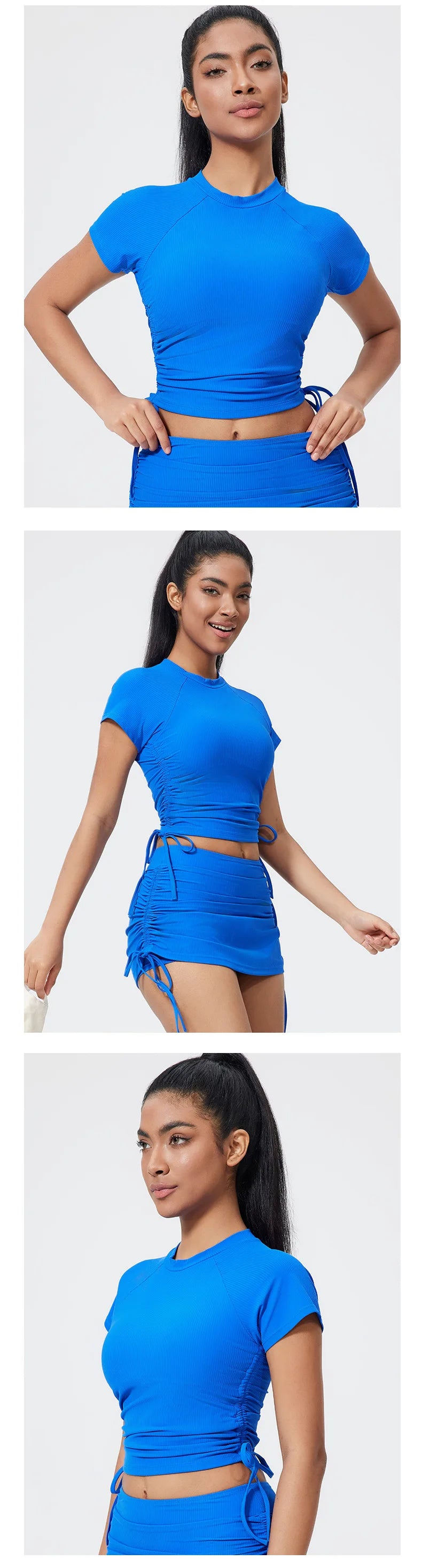 QINACTIVE Ribbed yoga short sleeved drawstring pleated yoga suit sports and fitness top women's tight yoga top