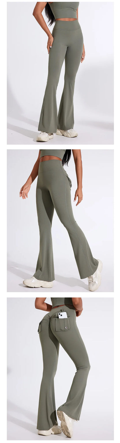 QINACTIVE Fashion Back Pocket  Flared Pants Women Tight-Fit Sexy Slim High Waist Pants Push Up Sport Fitness Flare Leggings
