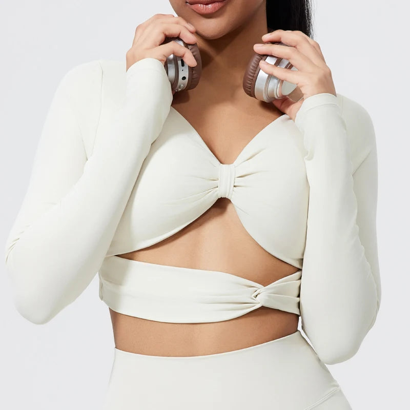 QINACTIVE Women's Nylon Top Yoga long sleeved T-shirt detachable chest cushion tight pleated sports top waist tight yoga top