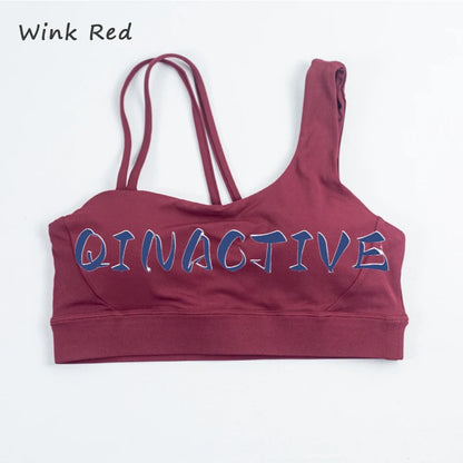 QINACTIVE Women's Sports Bra with Asymmetrical Shoulder Straps Yoga Top Removable Pads Beautiful Back Fitness Outfit Yoga Bra