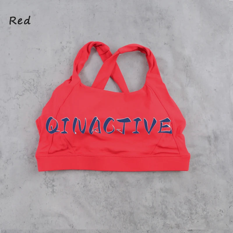 QINACTIVE Wide shoulder strap cross back sports bra, tight yoga vest, shock-absorbing Pilates running outdoor bra