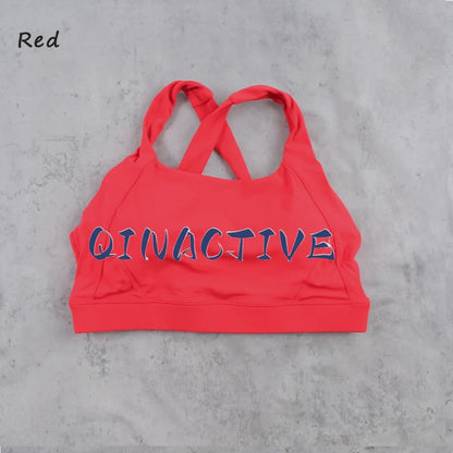 QINACTIVE Wide shoulder strap cross back sports bra, tight yoga vest, shock-absorbing Pilates running outdoor bra