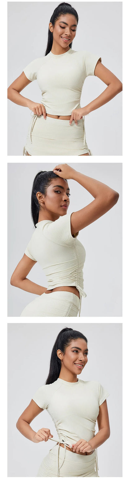 QINACTIVE Ribbed yoga short sleeved drawstring pleated yoga suit sports and fitness top women's tight yoga top
