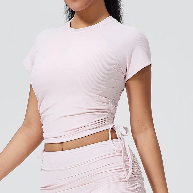 QINACTIVE Ribbed yoga short sleeved drawstring pleated yoga suit sports and fitness top women's tight yoga top