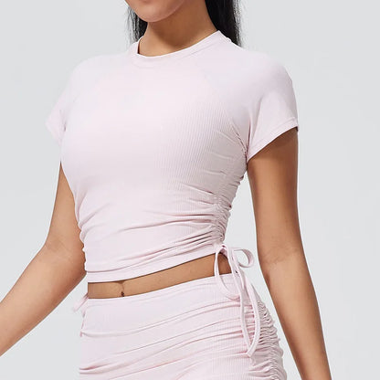 QINACTIVE Ribbed yoga short sleeved drawstring pleated yoga suit sports and fitness top women's tight yoga top