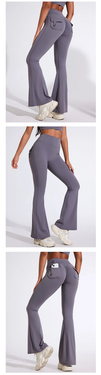 QINACTIVE Fashion Back Pocket  Flared Pants Women Tight-Fit Sexy Slim High Waist Pants Push Up Sport Fitness Flare Leggings
