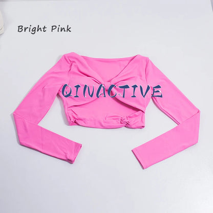 QINACTIVE Women's Nylon Top Yoga long sleeved T-shirt detachable chest cushion tight pleated sports top waist tight yoga top